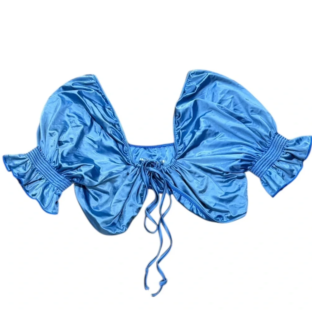 FRANKIE’S BIKINIS x Naomi Osaka Blue Carly Ruffle Tie Front Bikini Swim Top